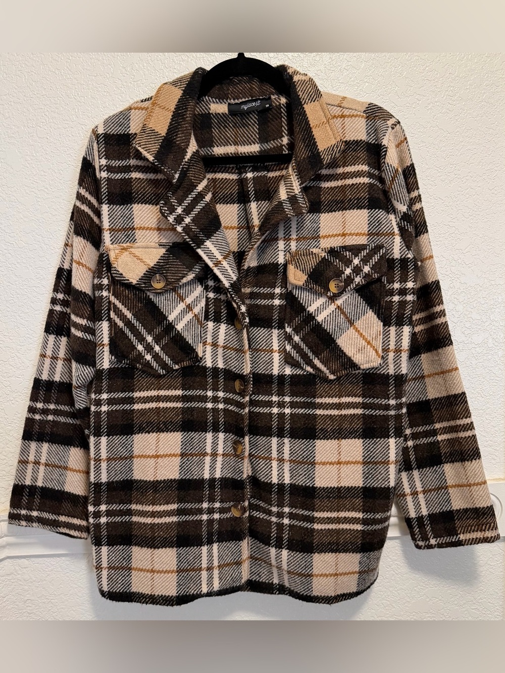 Boho Neutral Plaid Oversized Shacket Jacket Button Front Cozy Layering Piece - Picture 6 of 7